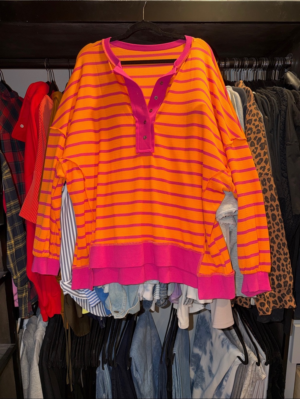 Women's Bright Orange and Pink Striped Scoop-Neck Sweater